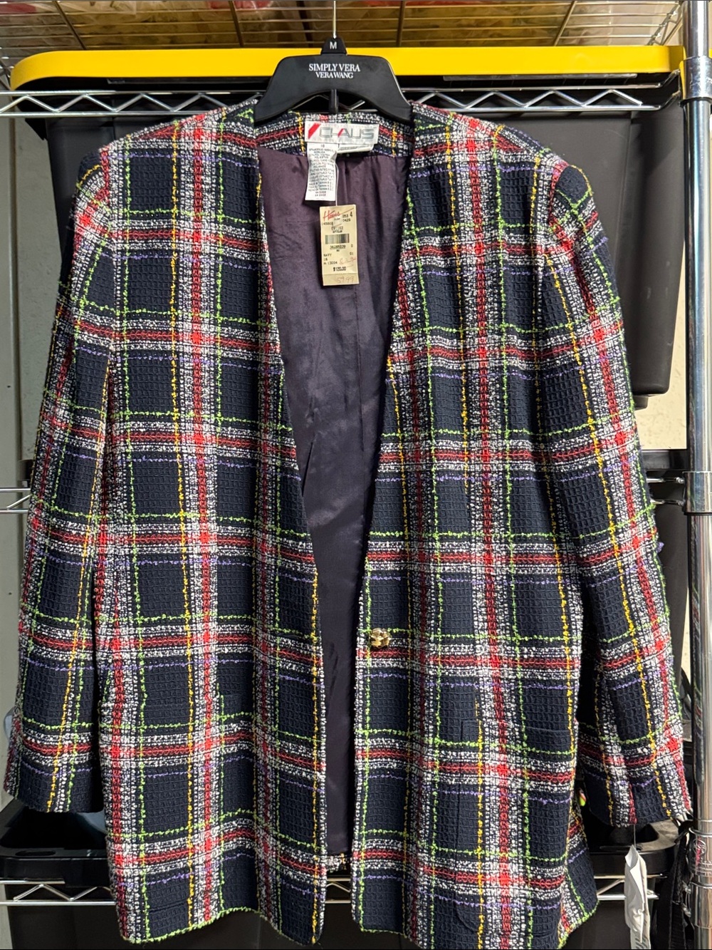 Chaus Navy Plaid Open-Front Blazer with Red & Green Accents